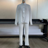 Pleated Long Sleeve Pants Printed Shirt Long Sleeve Polo Cardigan Two Piece Set