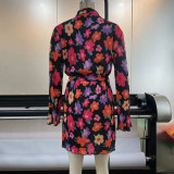 Floral Print Lace Up Polo Single breasted Cardigan Long Sleeve Dress