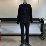 Pleated Long Sleeve Pants Printed Shirt Long Sleeve Polo Cardigan Two Piece Set