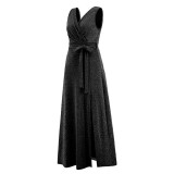 Sleeveless V-neck slit long skirt shiny dress