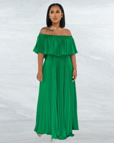 Off shoulder chiffon pleated solid color long skirt with lining