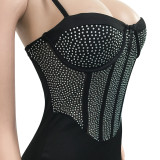 Strap Wrapped Chest Mesh Hot Diamond Solid Color Dress