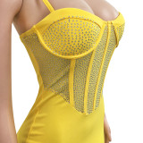Strap Wrapped Chest Mesh Hot Diamond Solid Color Dress