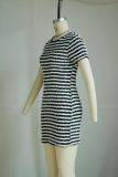 Knitted striped round neck short sleeved high waisted hip wrap skirt
