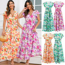 Large swing floral long dress with V-neck ruffle edge dress