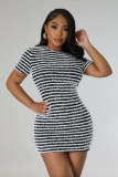 Knitted striped round neck short sleeved high waisted hip wrap skirt