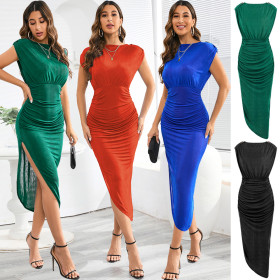 One line collar and buttocks wrapped dress Slit Night Club Slim Fit Skirt