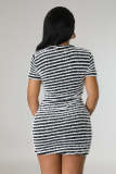 Knitted striped round neck short sleeved high waisted hip wrap skirt