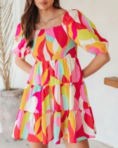 One line neck pullover geometric pattern sweet loose fitting short sleeved dress