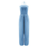 Strap wrap chest open back elastic waist loose straight tube jumpsuit