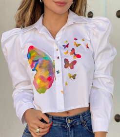 Positioning Butterfly Print Short Bubble Sleeve Shirt