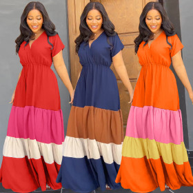 Short sleeved V-neck elastic waist color matching loose length dress