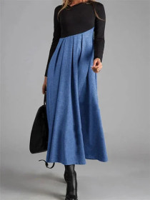 Woolen dress with contrasting V-neck and long sleeved patchwork hem