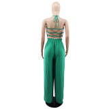 Strap wrap chest open back elastic waist loose straight tube jumpsuit
