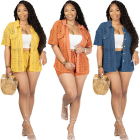 Polo cardigan lace shorts two-piece set