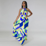 Hanging neck exposed back pleated large swing skirt printed dress