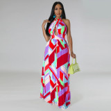 Hanging neck exposed back pleated large swing skirt printed dress