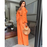 Solid color wrinkled long sleeved pants two-piece set