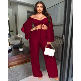 Solid color wrinkled long sleeved pants two-piece set