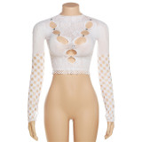 Mesh Perspective Hollow Round Neck Long Sleeve Tight Top