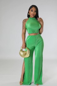 Pleated Lace Up Open Back Top Wide Leg Split Pants Set