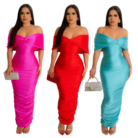 Solid pleated one line neck long dress
