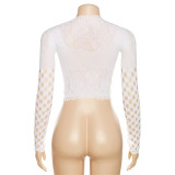 Mesh Perspective Hollow Round Neck Long Sleeve Tight Top