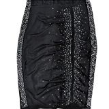 Solid color hot diamond mesh sleeveless diagonal neck short skirt