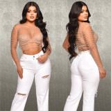 Solid color mesh hot diamond bubble bead long sleeved top