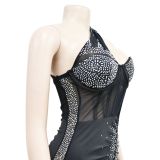 Solid color hot diamond mesh sleeveless diagonal neck short skirt
