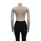 Solid color mesh hot diamond bubble bead long sleeved top
