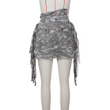 Camo Fringe Short Skirt Half Skirt Camo Patch Wrap Skirt