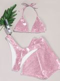 Bikini Women's Bright Face Hanging Neck Open Back Swimwear Three Piece Set