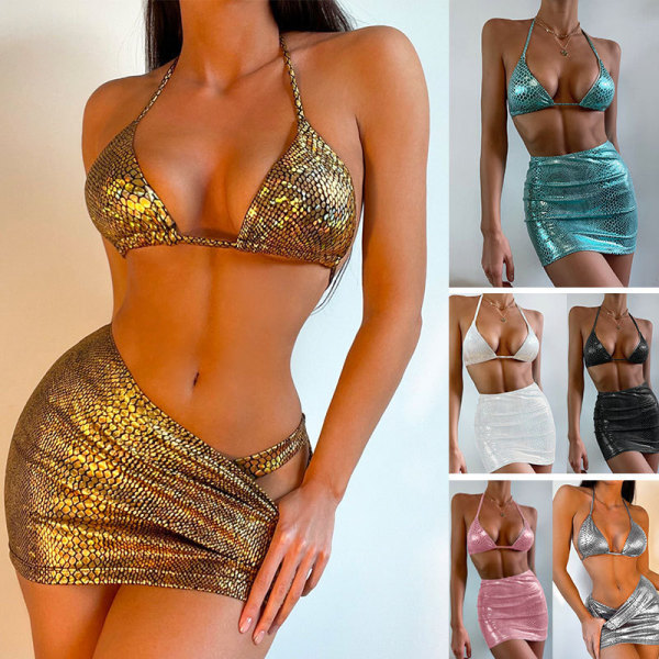 Bikini Women's Bright Face Hanging Neck Open Back Swimwear Three Piece Set