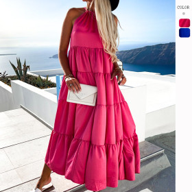 Pleated Layered Flowing Sleeveless Hanging Neck Dress