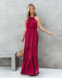 Hanging neck lace up pleated patchwork dress