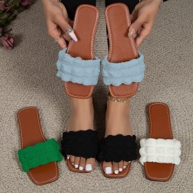 Square head flat bottom suede pleated straight shaped slippers