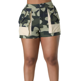 Printed camouflage patchwork pocket cargo pants shorts