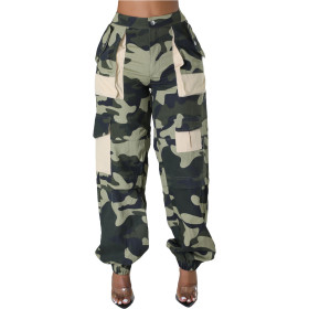 Printed camouflage patchwork pocket cargo pants trousers