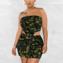 Two piece set of bra camouflage denim skirt