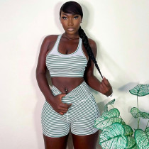Striped printed chest wrap vest shorts two-piece set