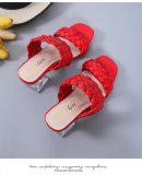 Knitted open toe one line sandals, large size medium heeled fashion slippers