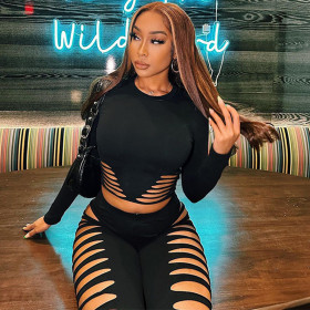 Hollow out round neck long sleeved top slim fitting leggings set