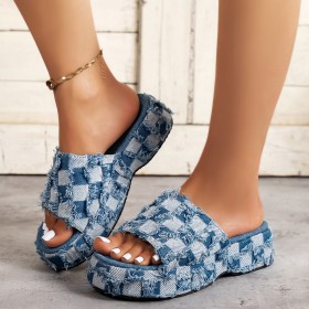 Round head thick bottom flat slippers denim medium heel sandals