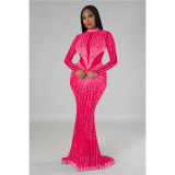 Solid color mesh hot diamond long sleeved dress