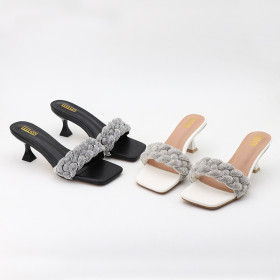 Square knit rhinestone flip flops with thin heels and high heels