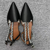 Women's shoes with pointed rhinestone sandals, silk and satin back buckle