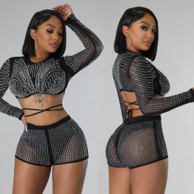 Mesh hot diamond lace up long sleeved shorts two-piece set