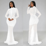 Solid color mesh hot diamond long sleeved dress