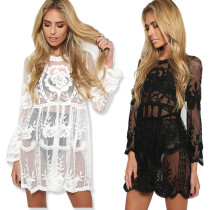 Embroidered Flare Sleeves Lace Perspective Dress
